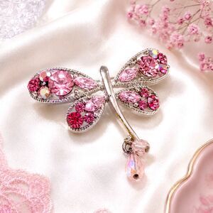 Pink Rhinestone Silver Tone Dragonfly Brooch